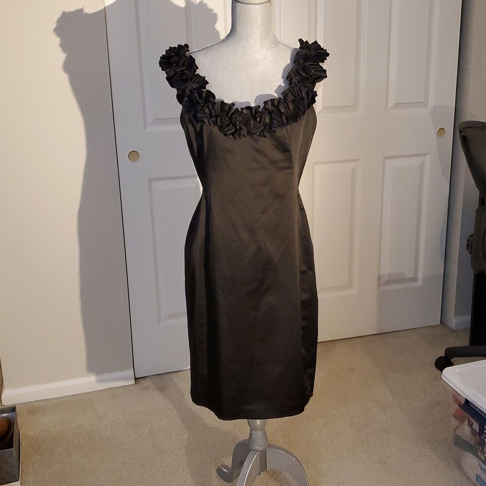 Maggy London Black Ruffled Satin Classic Cocktail Dress Size 10